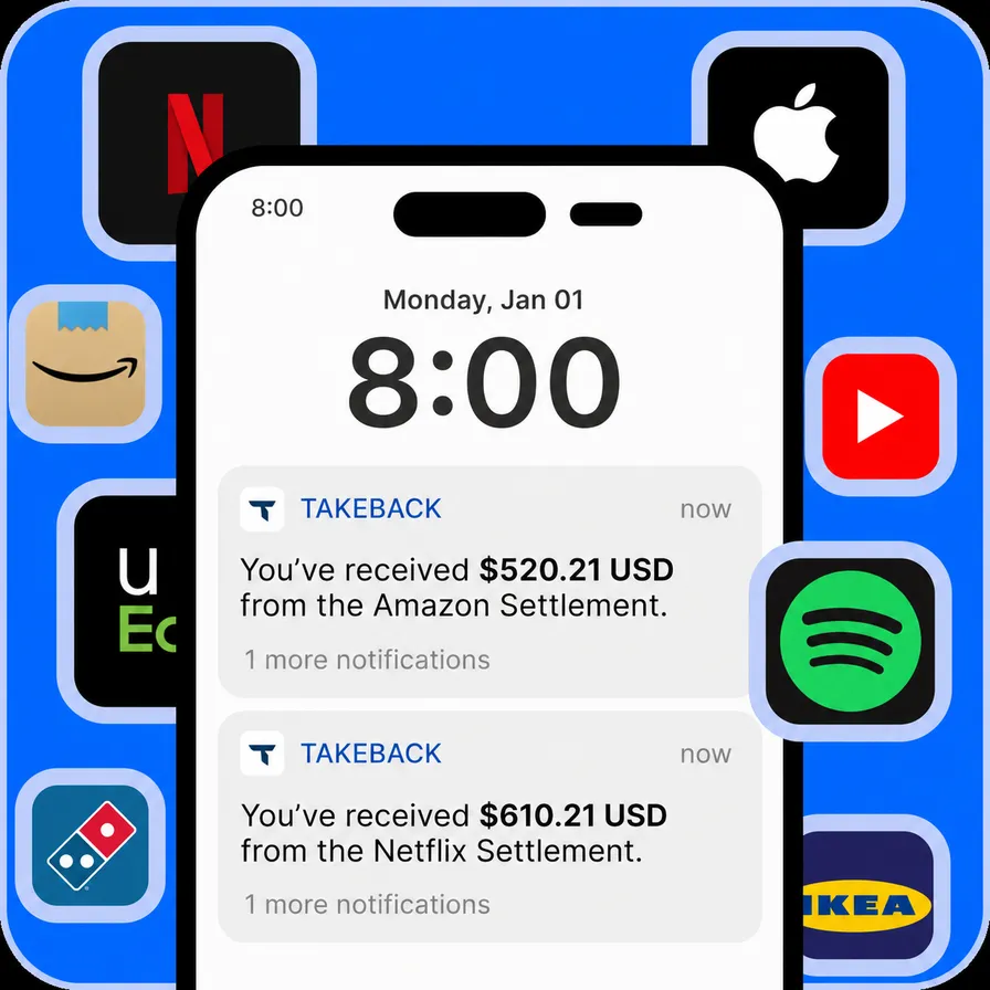 Phone showing TakeBack notifications for settlements from Amazon and Netflix